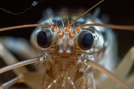 close-up of tiger shrimp prawns head, with eyes and whiskers in view, created with generative aiの素材