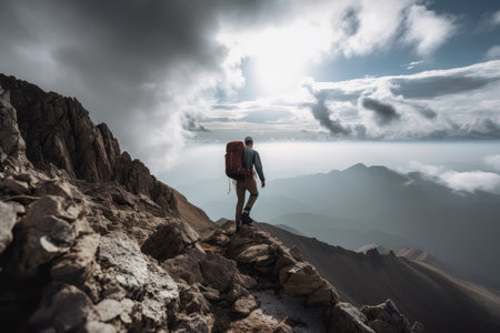 climber ascending mountainside, with view of the clouds and sky, created with generative aiの素材