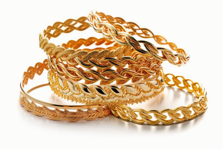 a row of delicate gold bracelets on white background, created with generative aiの素材