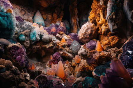 cave with intricate and colorful mineral formations, including amethyst and quartz, created with generative aiの素材