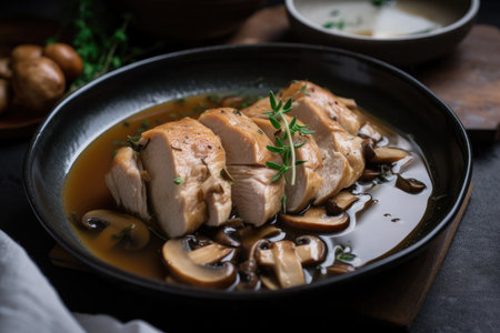 sous-vide chicken cooked in flavorful broth with mushrooms and herbs, created with generative aiの素材