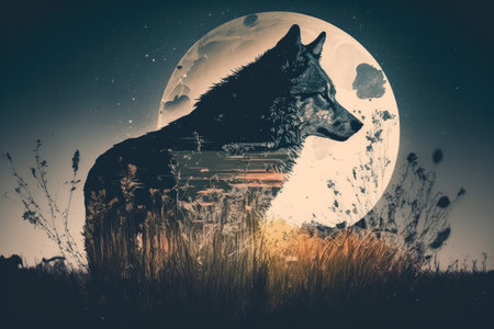 double exposure of wolf and meadow, with the moon shining overhead, created with generative aiの素材