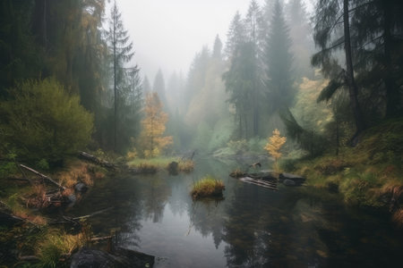foggy forest with a hidden lake, surrounded by mist and waterfalls, created with generative aiの素材