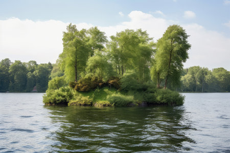 float island with towering trees, carpeted in lush greenery, created with generative aiの素材
