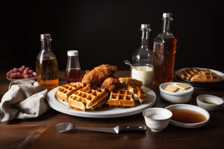 fried chicken, waffles, and syrup for southern-inspired dinner, created with generative aiの素材