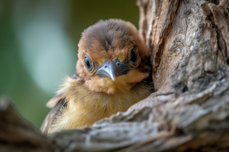 baby bird peeking out of its nest, curious and observant, created with generative aiの素材