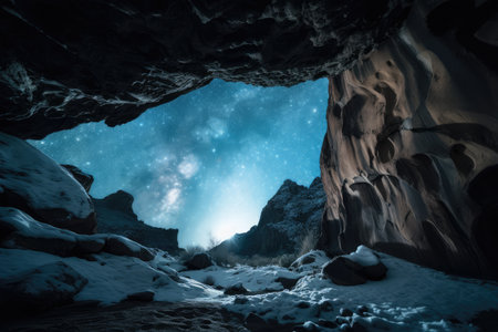 frozen cavern, with view of the sky above, and stars shining brightly, created with generative aiの素材
