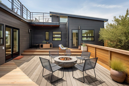 modern single-family home with exterior deck, outdoor seating and fire pit, created with generative aiの素材
