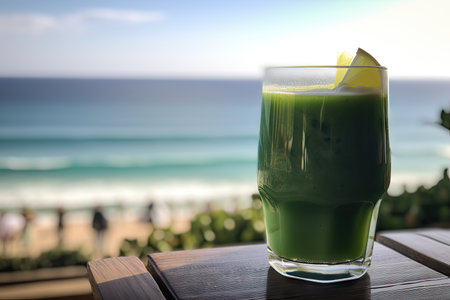 glass of green juice, with view of the ocean, for a health boost on vacation, created with generative aiの素材