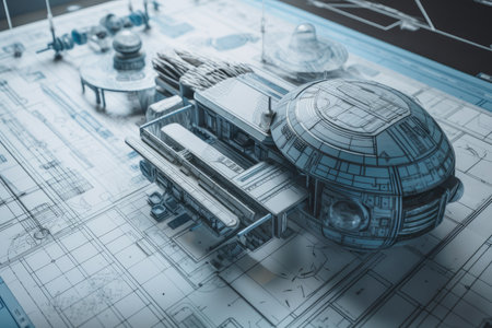 architectural blueprints of futuristic space station, with detailed drawings and schematics, created with generative aiの素材