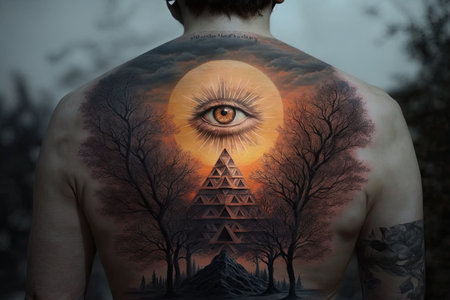 all-seeing eye on the back of a person, with sun and trees in the background, created with generative aiの素材