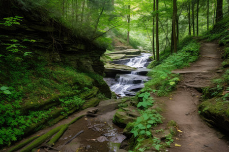 off-the-beaten-path trail leading to a hidden waterfall, with a view of rushing water and greenery, created with generative aiの素材