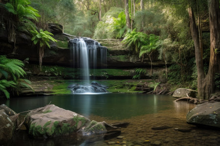majestic waterfall cascading into tranquil forest pool, created with generative aiの素材