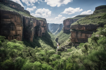 majestic canyon, with towering cliffs and waterfalls, in the midst of a lush forest, created with generative aiの素材