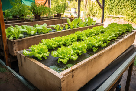 aquaponics system with grow beds filled with lettuce, herbs and other leafy greens, created with generative aiの素材