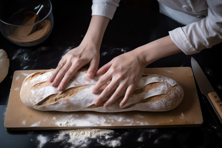 pair of hands, shaping loaf of bread into baguette with diagonal cuts, created with generative aiの素材