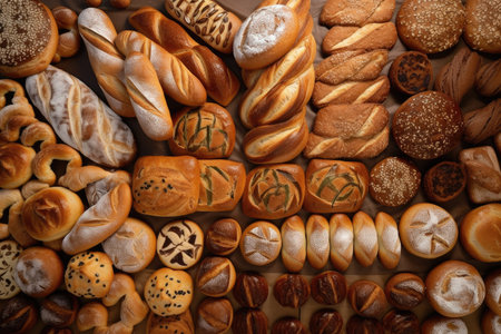 variety of breads, rolls and pastries with different decorative shapes and patterns, created with generative aiの素材