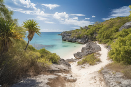 off-the-beaten-path destination with clear blue waters, white sand beaches, and palm trees, created with generative aiの素材