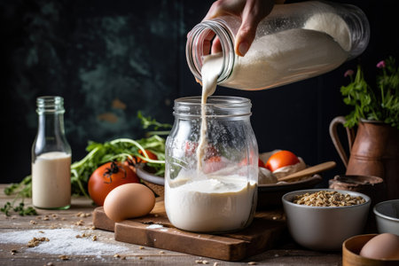 sourdough starter being fed with fresh ingredients and water for a new batch, created with generative aiの素材