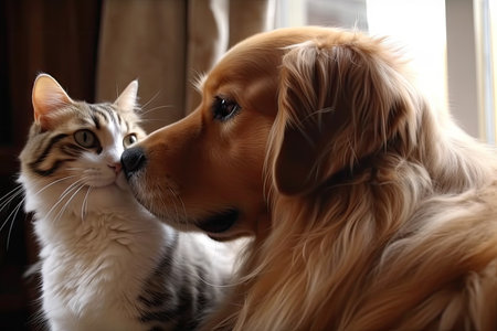 cat and dog in a romantic scene, with slow motion and dreamy music, created with generative aiの素材