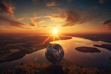 sunrise over globe with city and river visible on the horizon, created with generative aiの素材