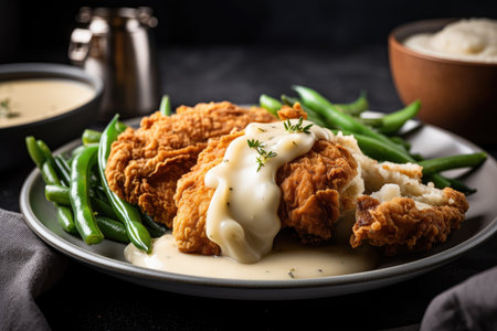 plate of crispy fried chicken with mashed potatoes, green beans and gravy, created with generative aiの素材