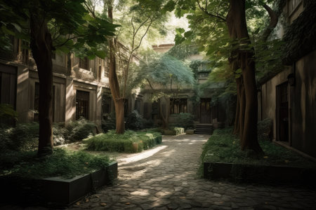 forest in serene courtyard surrounded by greenery, created with generative aiの素材