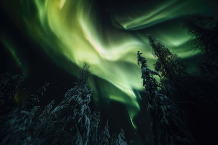 close-up of aurora borealis swirling and dancing in the night sky, created with generative aiの素材