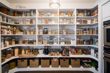 wide-angle shot of fully stocked and organized kitchen pantry, with different food items and their labels visible, created with generative aiの素材