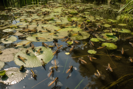freshwater pond filled with dragonflies and other insects, created with generative aiの素材