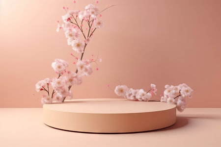 minimalist round podium with blooming flowers in springtime, created with generative aiの素材