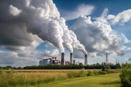 bioenergy power plant, with smoke billowing from the chimney and steam rising from the cooling tower, created with generative aiの素材