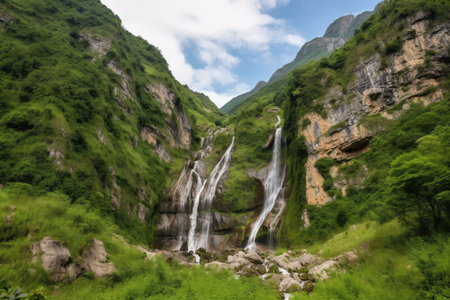 off-the-beaten-path destination, with misty mountains and cascading waterfalls, created with generative aiの素材