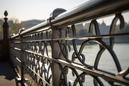 close-up of metal bridge railing, with the view beyond visible, created with generative aiの素材