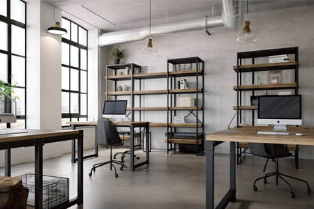 modern office setting with industrial desks, chairs, and shelving, created with generative aiの素材