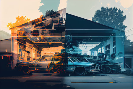 double-exposure of busy automotive repair shop with cars in different stages of repair, created with generative aiの素材