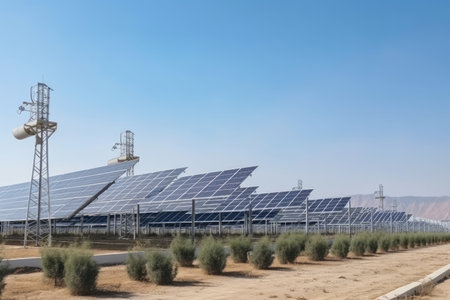 solar power plant, with panels and generators in full view, created with generative aiの素材
