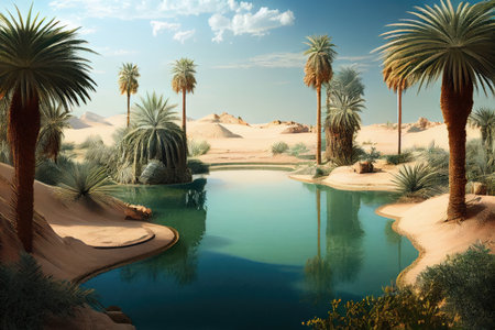 oasis in the desert, with crystal-clear pool of water and palm trees in the background, created with generative aiの素材