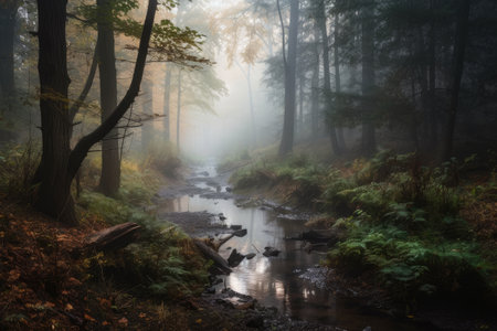 forest with misty fog and babbling brook, a serene setting to forest bathe, created with generative aiの素材