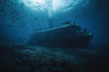 submersible descends into dark and mysterious abyss, surrounded by schools of fish, created with generative aiの素材
