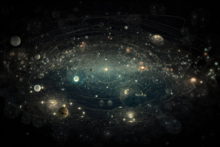 complex and intricate system of stars in the night sky, with planets and other celestial bodies visible, created with generative aiの素材