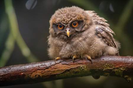 baby owl with eyes closed, resting on a branch, created with generative aiの素材