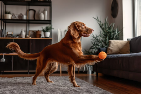 a dog playing fetch with its favorite ball in the living room, created with generative aiの素材