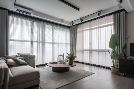 large window with automated blinds and curtains, providing privacy for the room, created with generative aiの素材