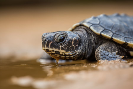 baby turtle climbing up the sandy beach, ready to find its way, created with generative aiの素材