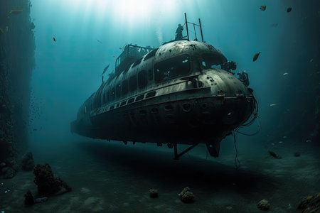 submersible exploring the depths of a mysterious abyss, with schools of fish swimming in the background, created with generative aiの素材