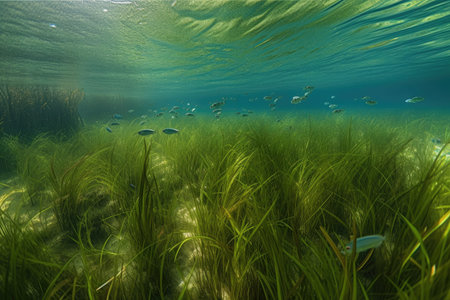 tropical seagrass meadow, with schools of fish swimming among the plants, created with generative aiの素材