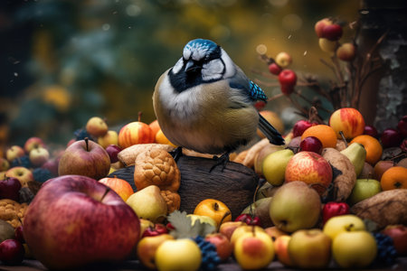 morbidly obese bird, surrounded by bountiful feast of fruits and nuts, created with generative aiの素材