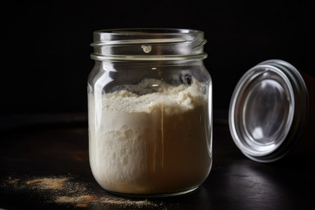 a glass jar of sourdough starter, with a bubbling and foamy fermentation, created with generative aiの素材