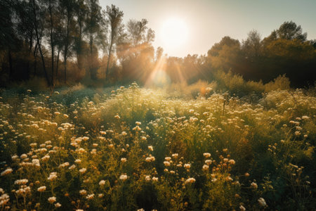 flowering field, with the sun shining bright and warm, created with generative aiの素材